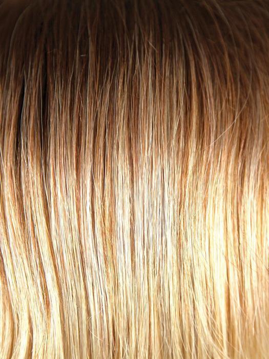 MELTED-SUNSET | Medium Brown Roots that Melt into a Peachy Light Brown Blend layered on top of Apricot Blonde and Intense Gold Blonde at Nape