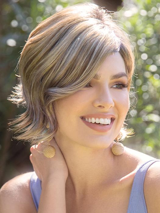 HALLIE by Rene of Paris in PEANUT-BUTTER-SWIRL | Warm Light Brown with Beige Highlights and Medium Brown Root