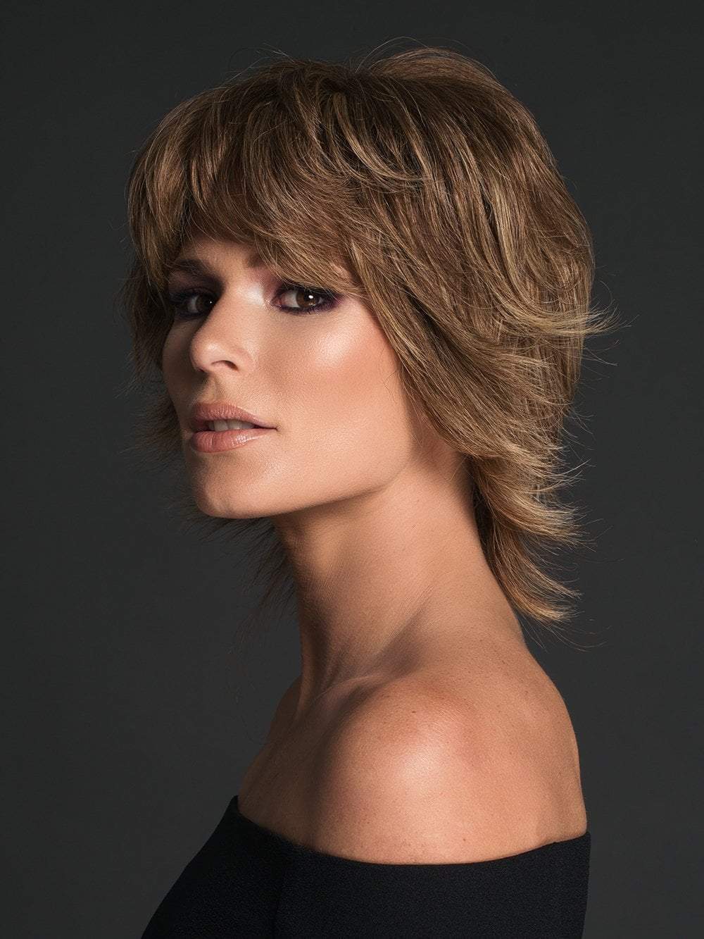 APPLAUSE by RAQUEL WELCH in R11S+ GLAZED MOCHA | Warm Medium Brown with Golden Blonde Highlights on Top (Style has been blow dried and shaping creme was used for this look)