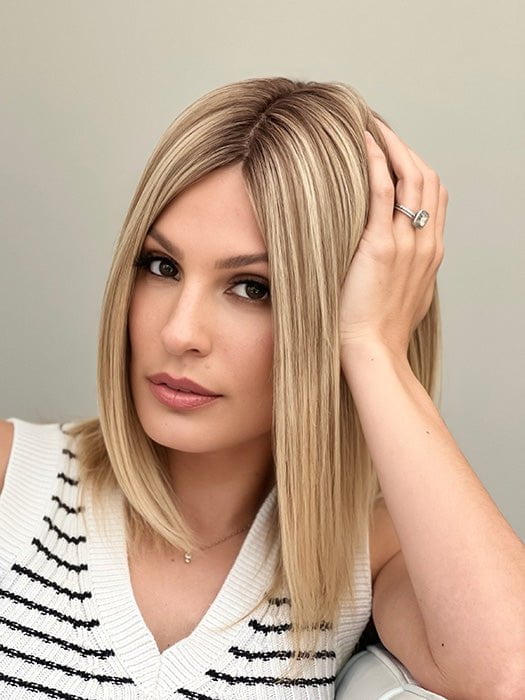 Roxie wearing COLBIE by JON RENAU in 24BT18S8 SHADED MOCHA | Medium Natural Ash Blonde & Light Natural Gold Blonde Blend, Shaded with Medium Brown