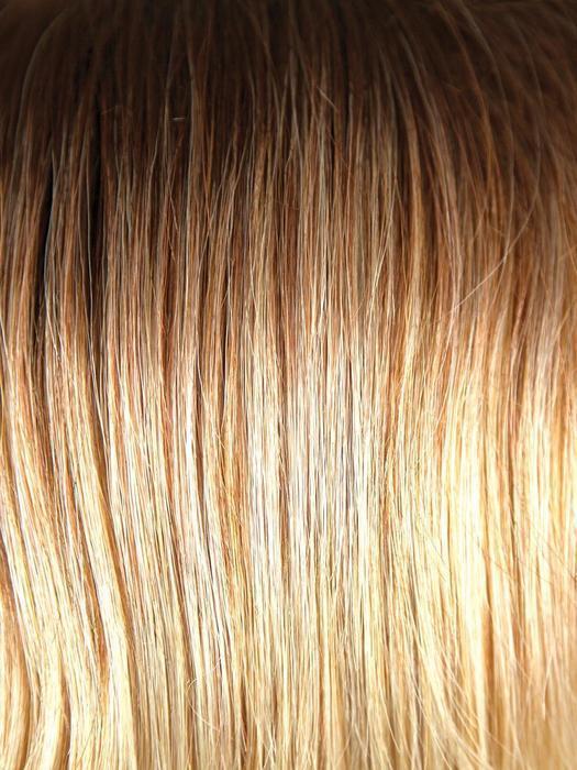 MELTED-SUNSET | Medium brown roots that melt into a peachy light brown blend layered on top of apricot blonde and intense gold blonde at nape