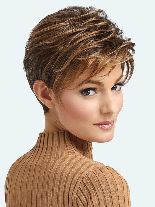 Has long layers throughout the top and crown combined with loose textured lengths to create a completely free-formed, windswept look