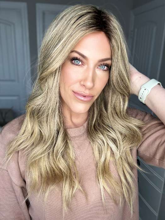 Kristyna @kristynamoore wears BRENNA (curled) by JON RENAU in color 24BT18S8 SHADED MOCHA | Medium Natural Ash Blonde and Light Natural Gold Blonde Blend, Shaded with Medium Brown