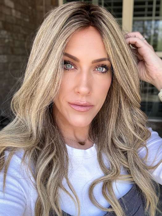 Kristyna @kristynamoore wears BRENNA (curled) by JON RENAU in color 24BT18S8 SHADED MOCHA | Medium Natural Ash Blonde and Light Natural Gold Blonde Blend, Shaded with Medium Brown