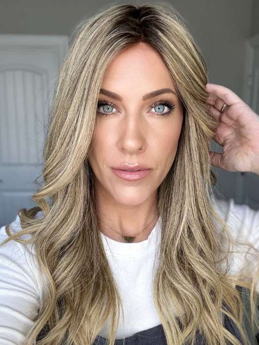 Kristyna @kristynamoore wears BRENNA (curled) by JON RENAU in color 24BT18S8 SHADED MOCHA | Medium Natural Ash Blonde and Light Natural Gold Blonde Blend, Shaded with Medium Brown