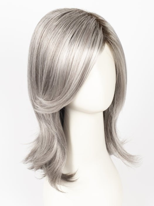 SILVER-STONE-R | Silver Medium Brown Blend That Transitions To More Silver Then Medium Brown Then To Silver Bangs with Black Roots