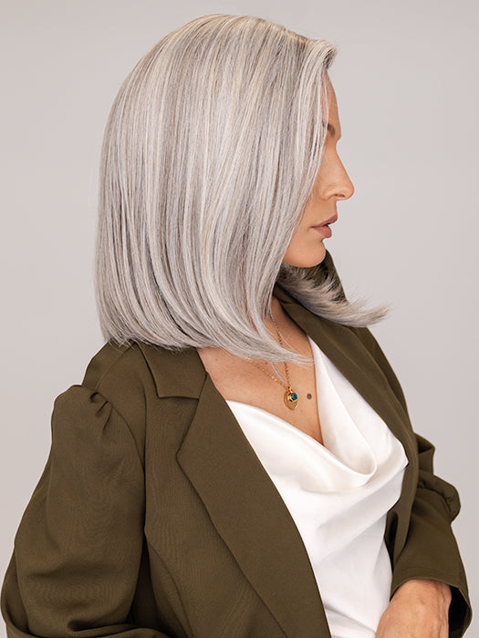 Roxie wearing DAVINA by RENE OF PARIS in SLATE-CHOCOLATE-SPLIT | Grey base with Chunky Chocolate, Pale, Mid-Gray Highlights, and a Rich Chocolate Root