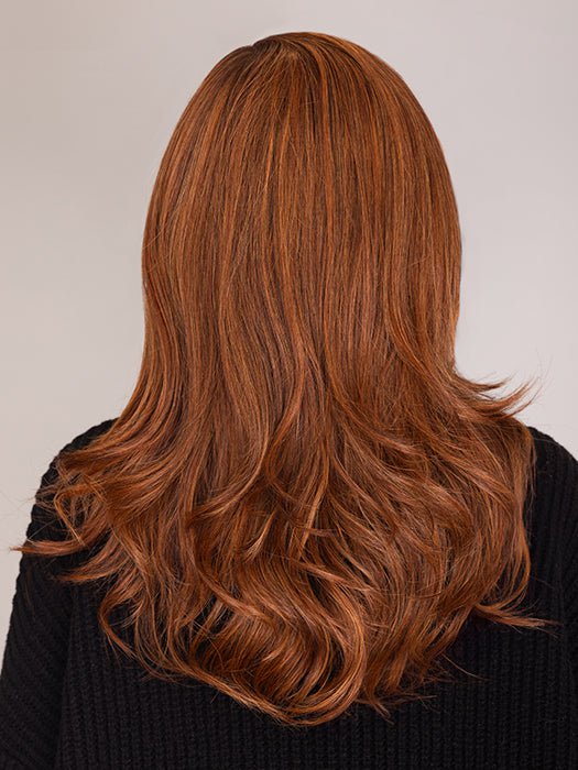 Roxie wearing LEONI by RENE OF PARIS in color AUTUMN SUNRISE | Neutral Medium-Brown Tone, softly blended with Light Ash Blond.