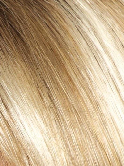 CREAMY-TOFFEE-R | Rooted Dark with Light Platinum Blonde and Light Honey Blonde evenly blended							