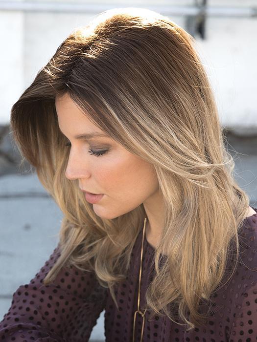 LONG TOP PIECE by Rene of Paris in MACADAMIA-LR | The root is soft brown color that melts into a beige blonde color