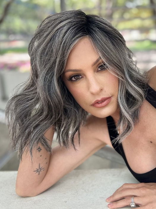 Roxie wearing DRESS ME UP by Gabor in GF44-60SS SUGARED LICORICE | Salt Dark Brown with Subtle Warm Highlights Roots