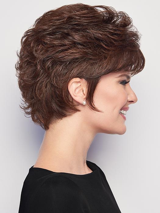 The flattering eyelash bangs can be worn full or piecey, and the layered sides can be brought forward to frame the face or combed back to blend into a softly-waved look