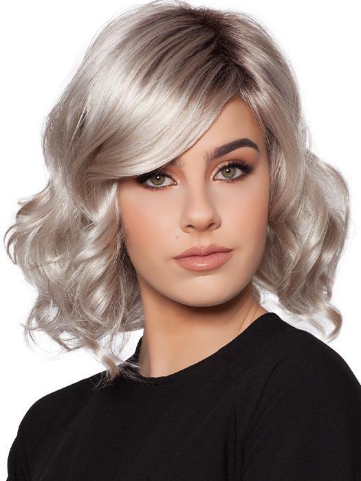 KYLIE by WIG PRO in 23-60-R8 | Rooted Chestnut Brown with Platinum White base with Champagne Blonde highlights